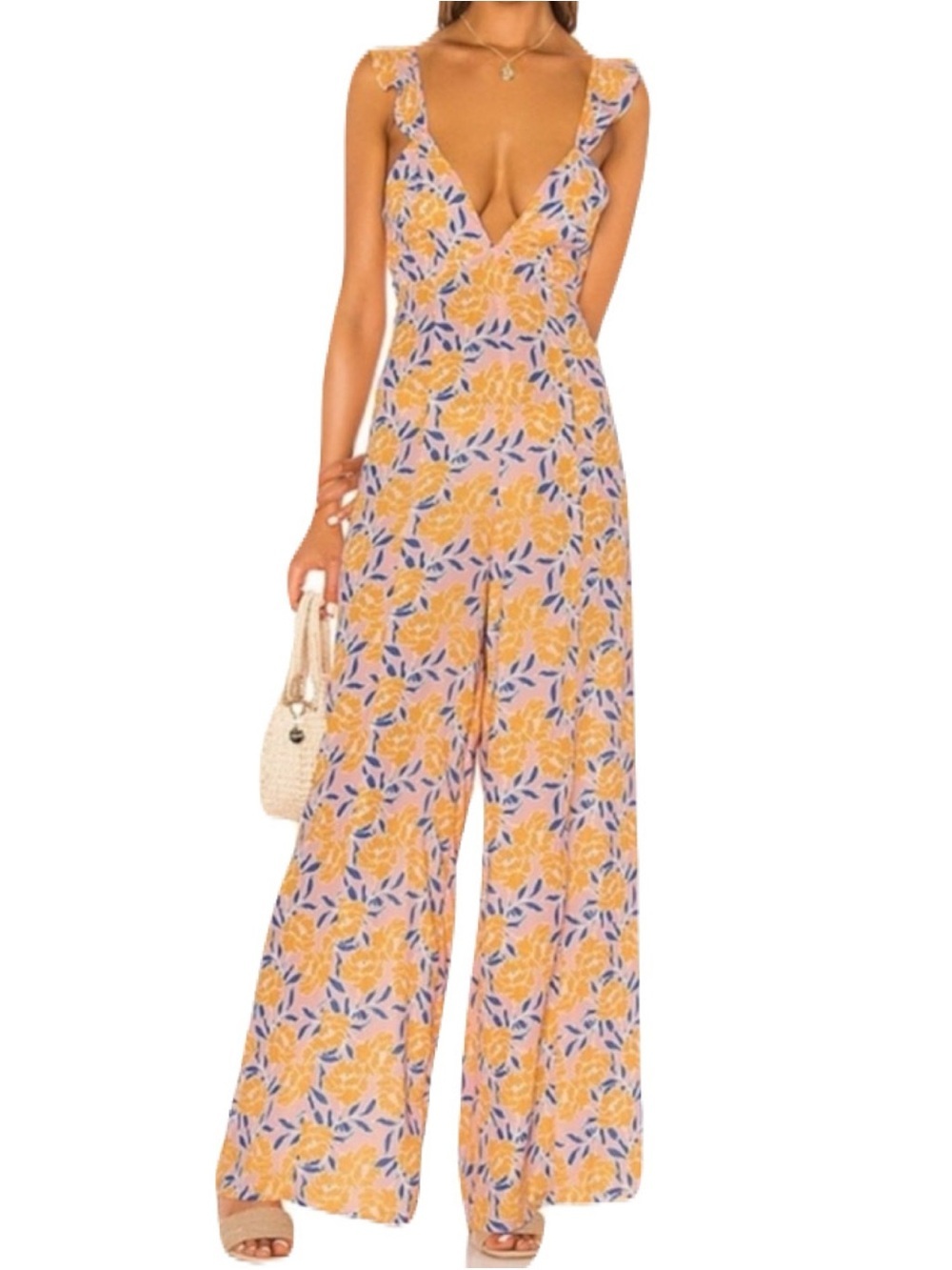 RESA XS Multicolor Sleeveless Ruffle Shoulder Open Back Wide Leg V Neck Jumpsuit